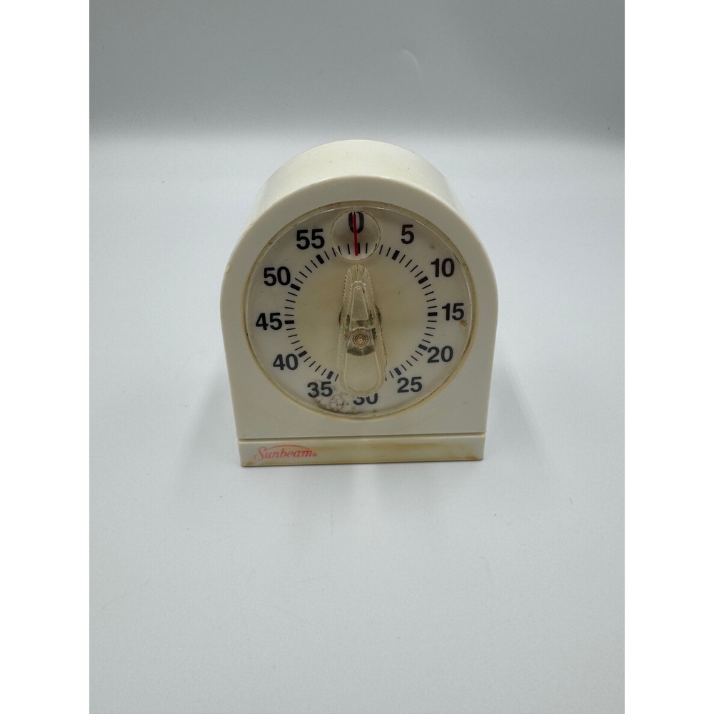 Sunbeam Kitchen Timer Vintage 60 Minute Wind Up Cream White Plastic Mechanical